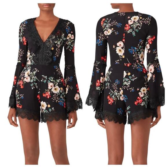 Nicholas Romper Cecile Floral Silk Crochet Lace Bell Sleeve Black White Red 6 - Picture 1 of 14